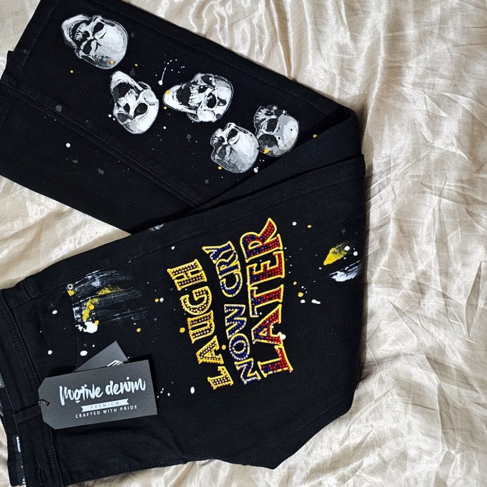 Motive DENIM "LAUGH NOW; CRY LATER" JEANS 36"×32"